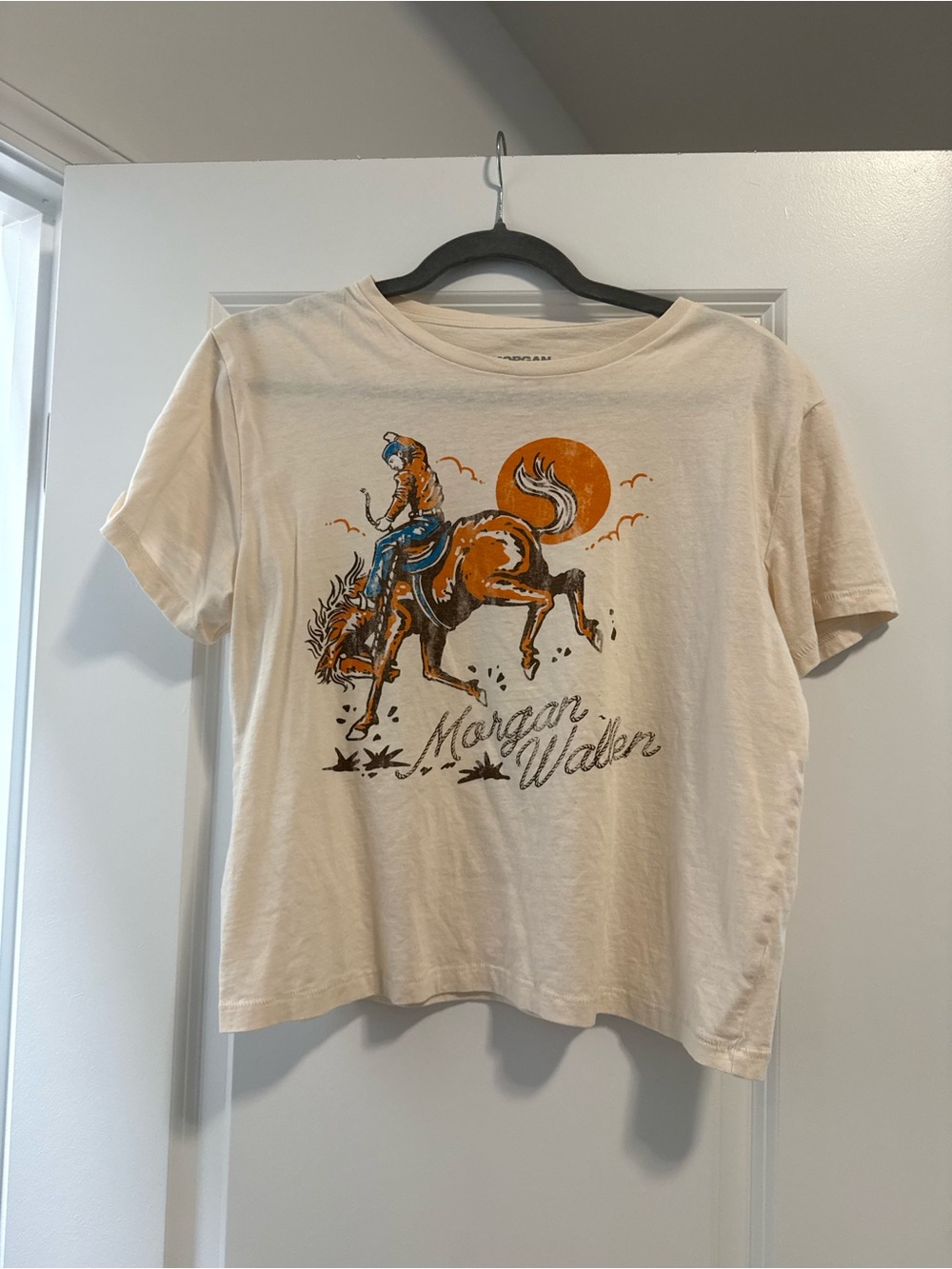 Morgan Wallen Graphic Tee - Cream with Orange & Blue Cowboy Design
